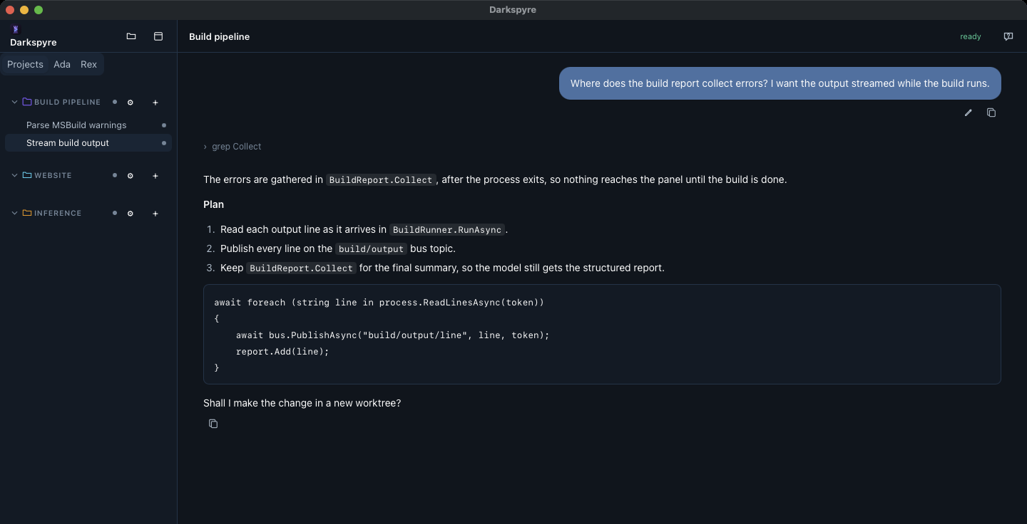 A Darkspyre session: projects and agents on the left, the agent's tool calls and answer on the right